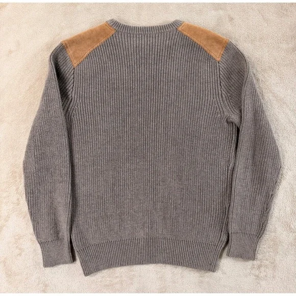 J.Crew Woodsman Ribbed Knit Sweater Men M Leather Shoulder Patches Brown EUC - Picture 7 of 10